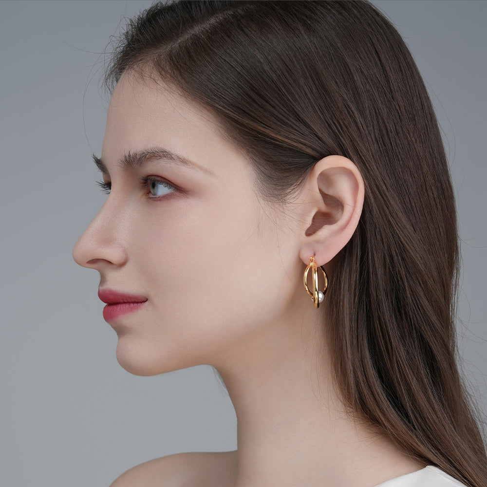 Vintage Style Simple and Elegant Crossed Pearl Hoop Earrings